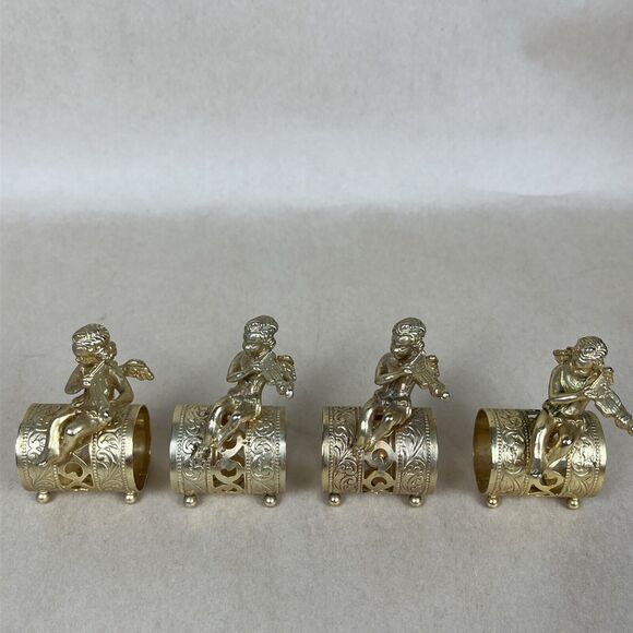 VTG 8pc Gold Tone Metal Angel Playing Violin Filigree Napkin Ring Holder Signed‎ - Picture 10 of 16